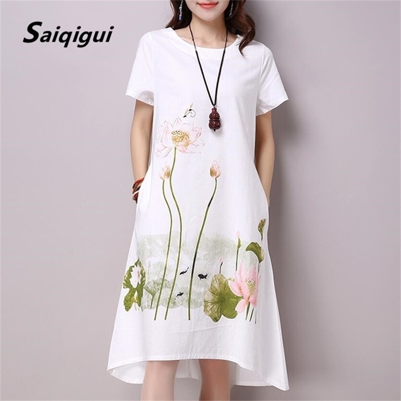 Saiqigui Summer Dress Plus Size Short Sleeve White Women Casual Cotton Linen Lotus Printing O-Neck Vestidos de Festa 210701, Pink
Saiqigui Summer Dress Plus Size Short Sleeve White Women Casual Cotton Linen Lotus Printing O-Neck Vestidos de Festa 210701, Pink