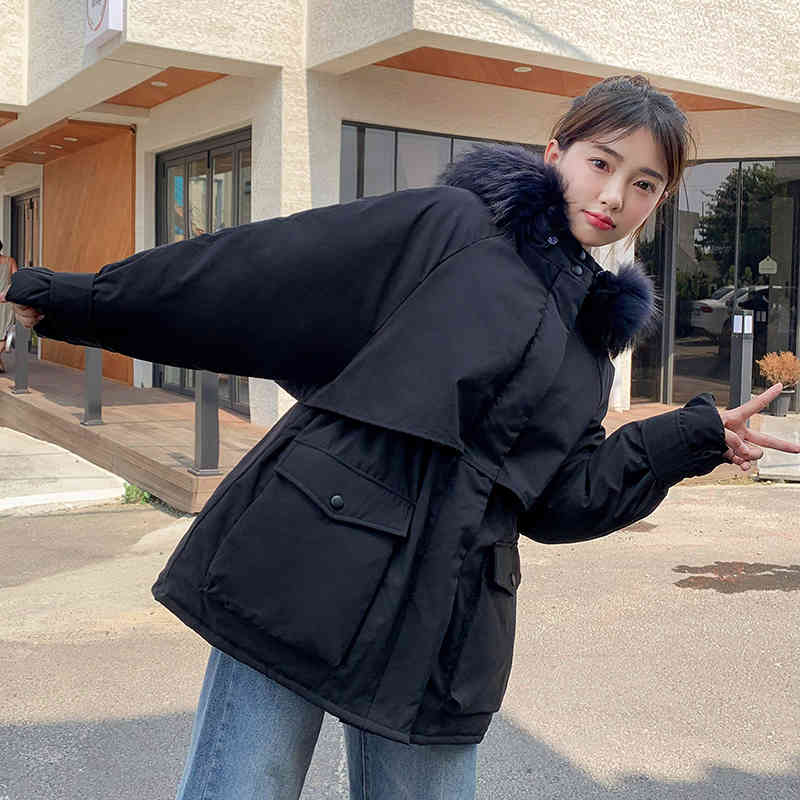 Loose Parka For Women Winter Thick Warm Zipper Coat Faux Fur Collar Warm Outwear Jackets Casual Hooded Coat 210414