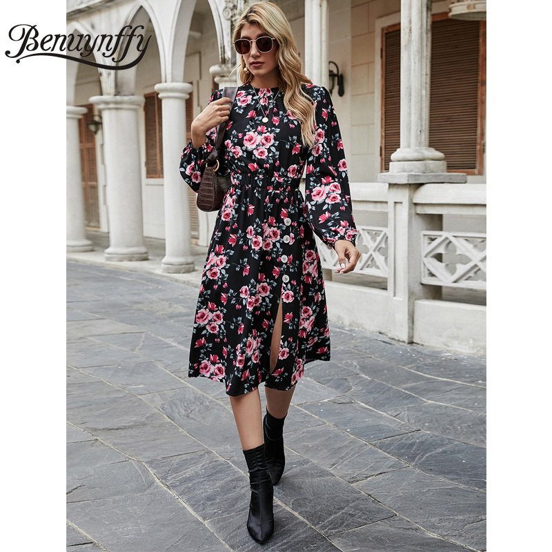 Crew Neck Floral Print High Waist Midi Dresses Spring Style Boho Women Long Sleeve Elegant Split A-line Dress 210510