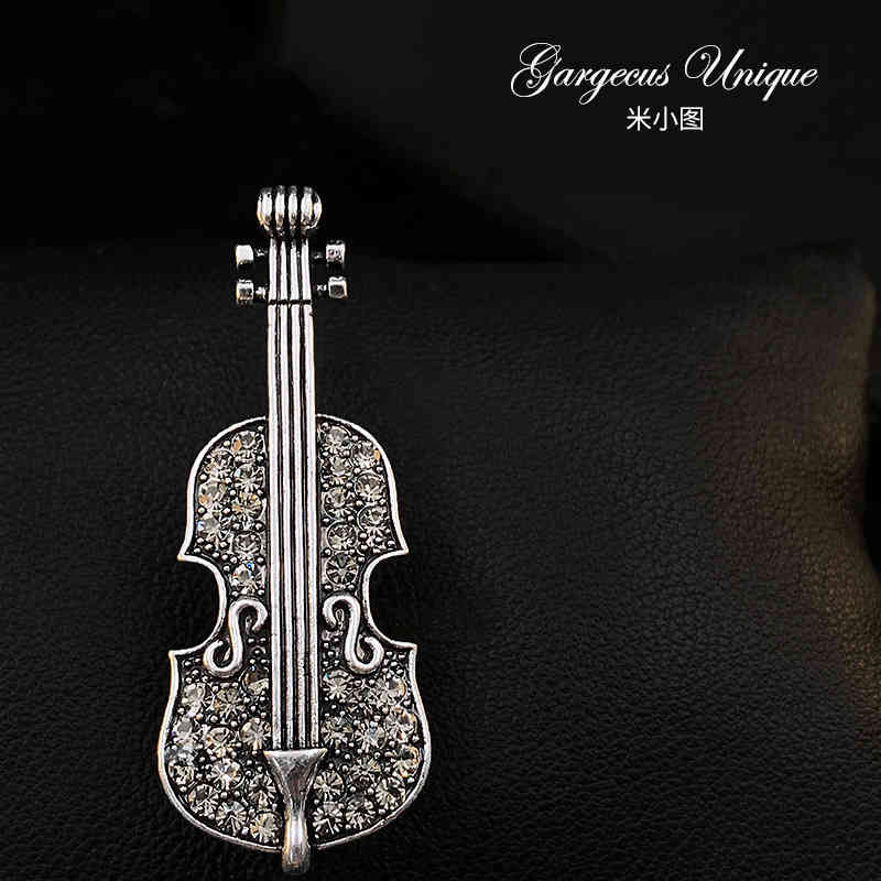 887 Exquisite Violin Brooch Full Diamond Instrument Pin Men's and Women's Suit Elegant Accessories