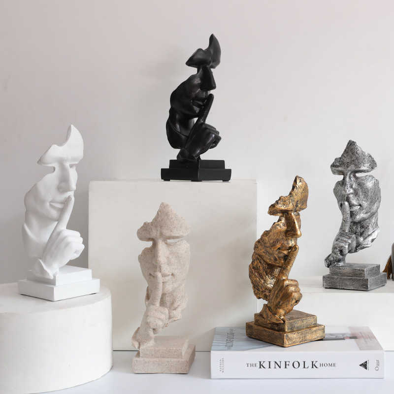 VILEAD 27cm Resin Silence is Golden Mask Statue Abstract Ornaments Statuettes Sculpture Craft for Office Vintage Home Decoration 210804