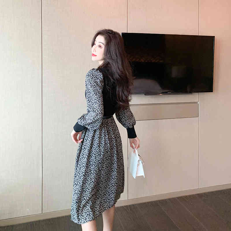 Elegant Knitted Patchwork Midi Dress Autumn Winter Women Long Sleeve Retro Printing Casual Slim 210519