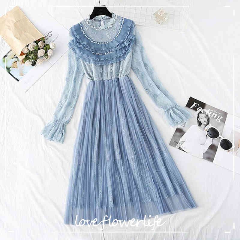 High Quality Lace Dress Women Spring Summer Sweet Ruffles Pleated Dress Elegant Lady Mesh Party Dress Mid-calf Vestidos 210521, Blue
High Quality Lace Dress Women Spring Summer Sweet Ruffles Pleated Dress Elegant Lady Mesh Party Dress Mid-calf Vestidos 210521, Blue
