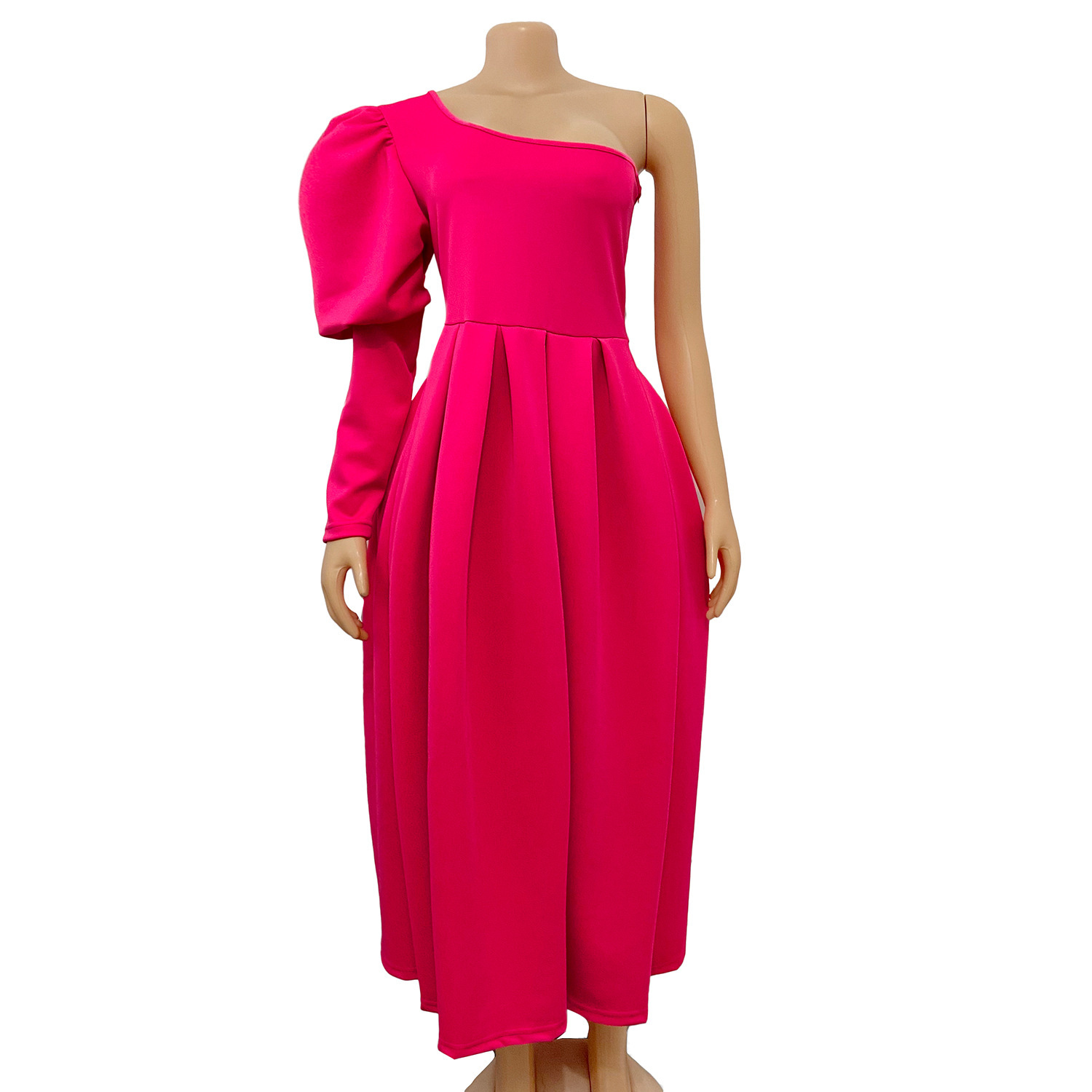 Women Dress Temperament Party es One Shoulder Long Sleeve Large Hem Maxi Solid High Waist es 210513