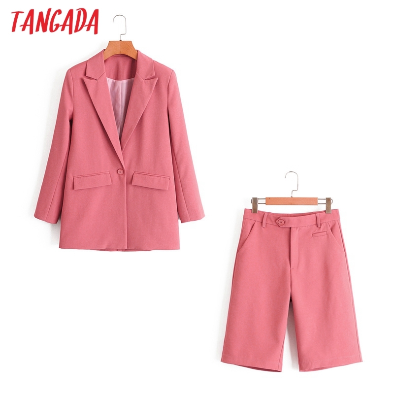 Office Lady Women's Pink Blazer Shorts Spring Fashion Suit 2 Piece Set DA84 210416