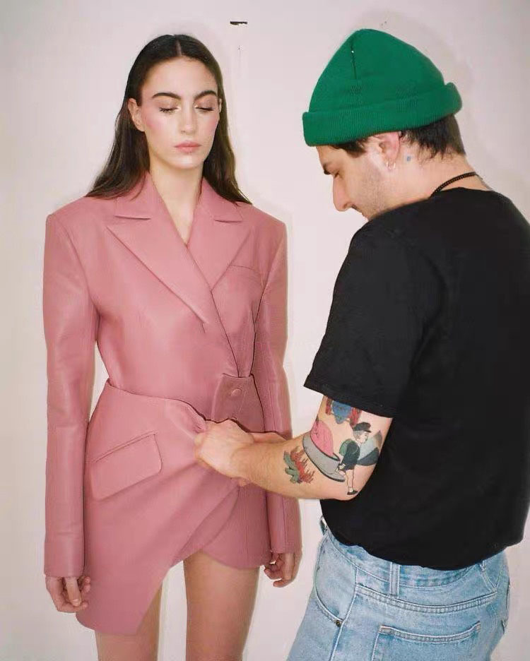 Fashion Winter Longsleeve Draped Pink Pu Leather Dresses Sexy Bodycon Club Celebrity PartyTwo Pieces Set PU Jacket 210421