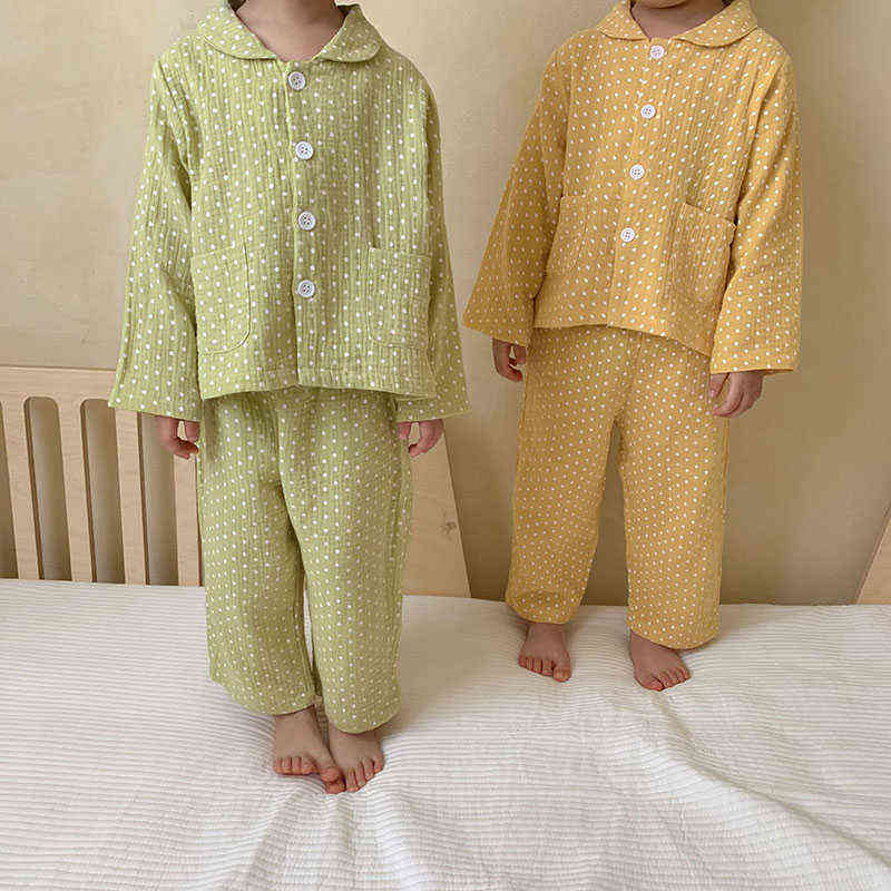 Autumn Kids Pajamas Dot Girls Sleepwear Casual Nightclothes for Brothers and Sisters Linen 211130
