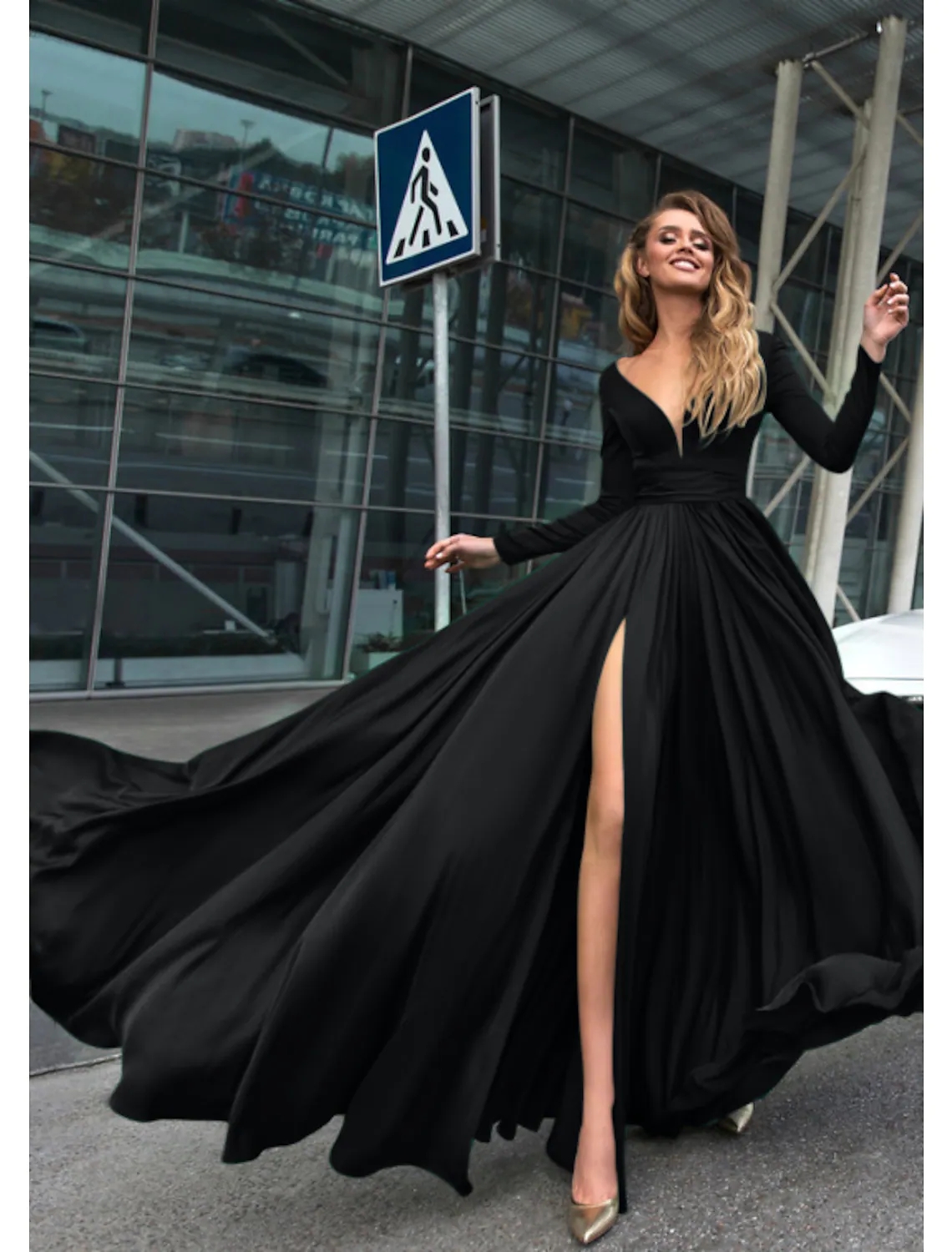A-Line Empire Holiday Formal Evening Birthday Dress 2022 Prom Party Gown V Neck V Back Long Sleeve Floor Length Satin Slit Abendkleider robe de soiree