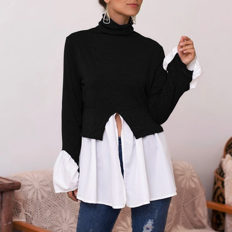 VGH Splicing Pleated Sweater For Women Turtleneck Flare Sleeve Casual Knitting Pullovers Female Fashion New Clothing Autumn 210421