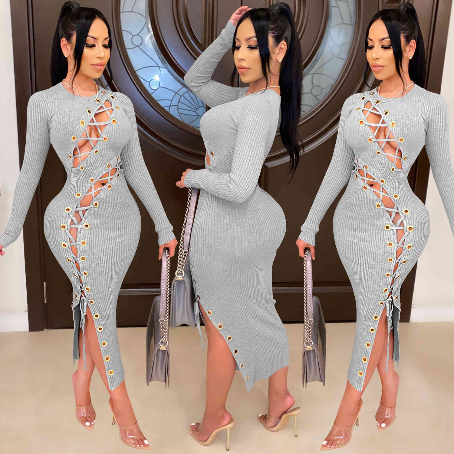 New 2024 Women Autumn And Winter Solid Color Long Sleeve Bandage Dress Sexy Hollow Out Halter Ladies Club Party Dresses