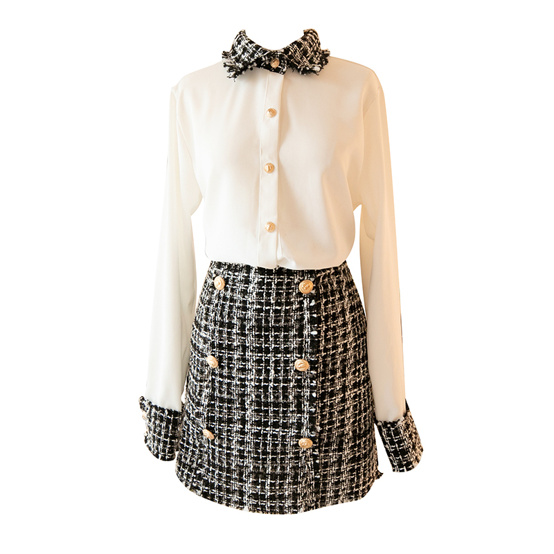 Women Spring Two Piece Set Casual Long Sleeve Fashion White Blouse +Double Breasted Wool Tweed Plaid Skirt Suit 210520