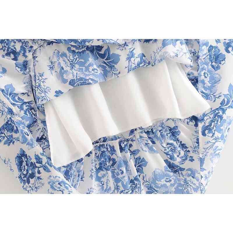 Vintage French Style Blue White Floral Women Dress Tie Bow Strap Sleeveless Sexy Beach Party Female 210429