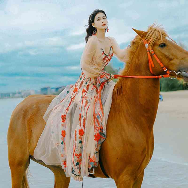 Women's Bohemian Holiday Summer Vintage Party Dress Full Sleeve Mesh Embroidered Flowers Pleated Long 210520