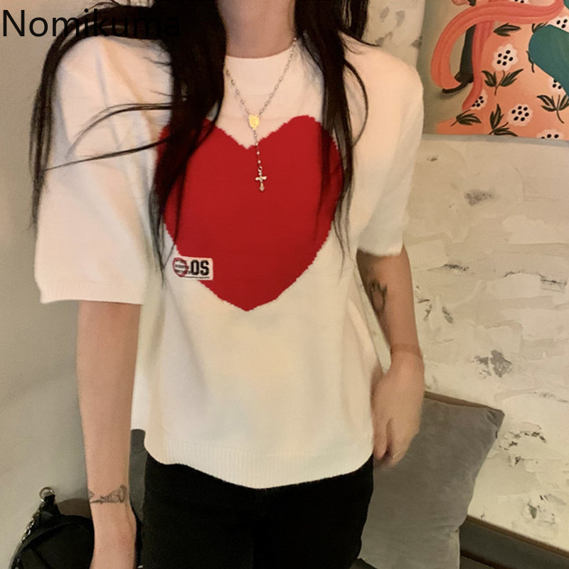 Nomikuma Short Sleeve Knitwear Tops Spring Korean Love Heart Knitted Pullovers Causal O-neck Hit Color Jumpers 6E990 210427