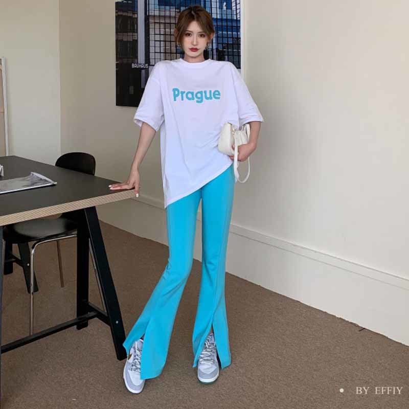 Pants & Capris Summer Thin Tight High Waist Split Blue Flare Pant Women All-match Black Grey Pantalones De Mujer Slim Casual 210429