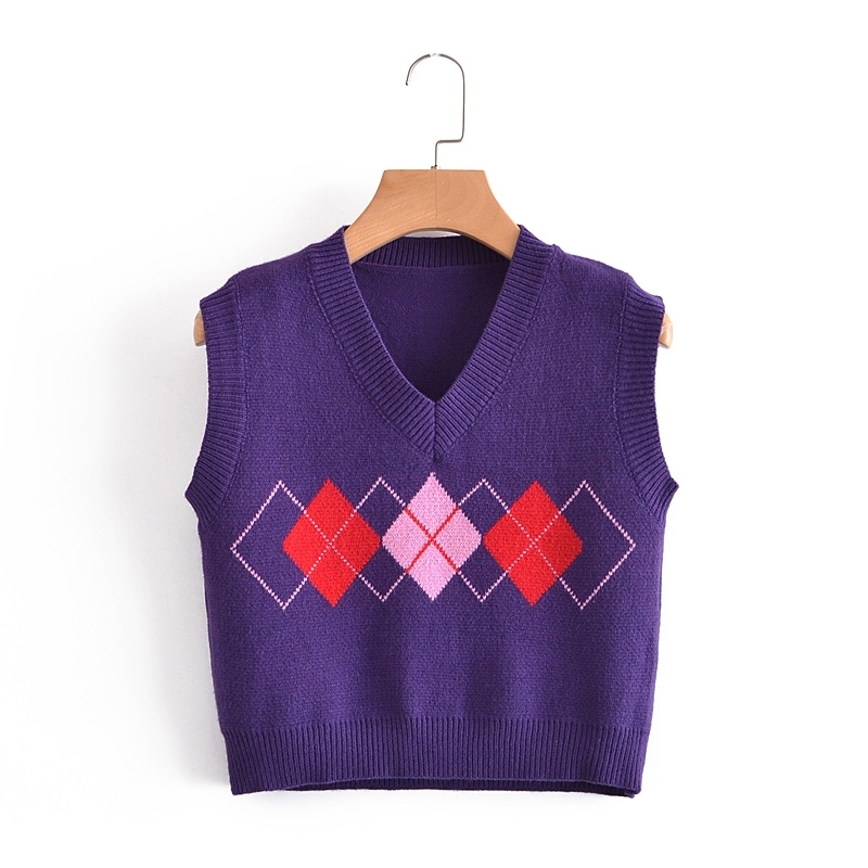 Fashion England Style Plaid Print Spring Knitted Vest Women Casual Sleeveless V-neck Jumper Female Sweaters 210514