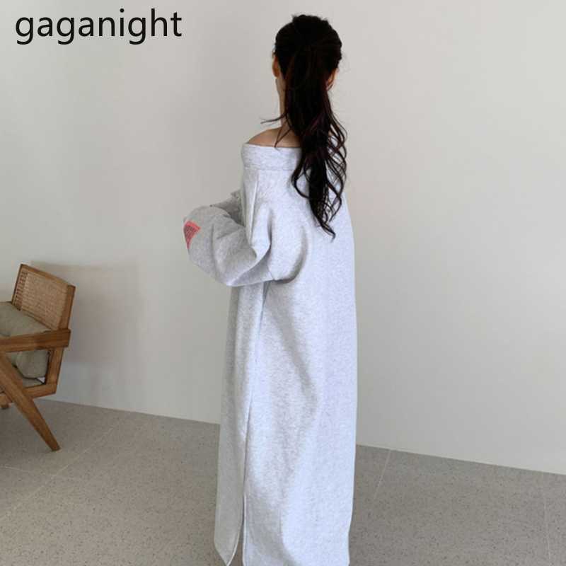 Spring Autumn Slash Neck Long Sleeve Women's Sweatshirt Dress Fashion Solid Loose Pockets Maxi Ladies Vestidos 210601