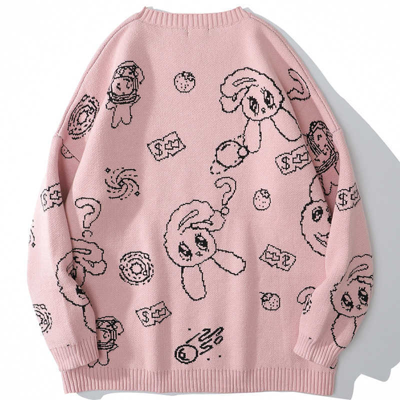 Aolamegs Men Sweater Cartoon Cute Rabbit Strawberry knitted Pullover Sweaters Couple O-Neck Casual Soft College Style Streetwear 210818