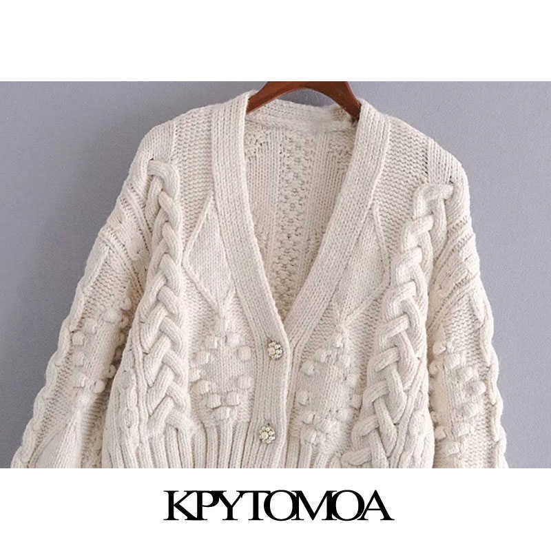 KPYTOMOA Women Fashion Pompom Appliques Cropped Knitted Cardigan Sweater Vintage Long Sleeve Female Outerwear Chic Tops 210918