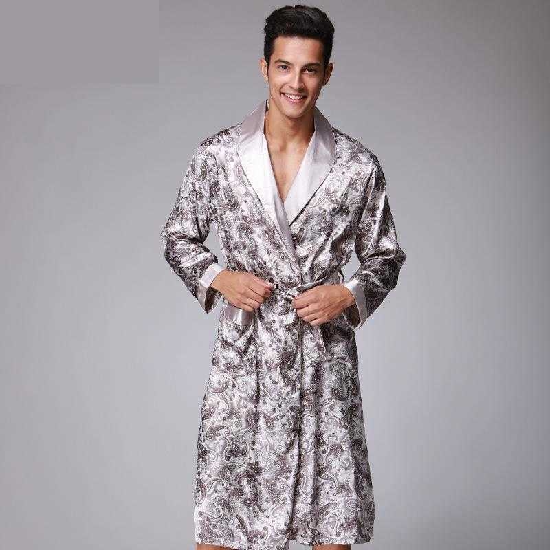Mens Summer Paisley Print Silk Robes Male Senior Satin Sleepwear Satin Pajamas Long kimono Dressing Gown Bathrobe For Men T200110