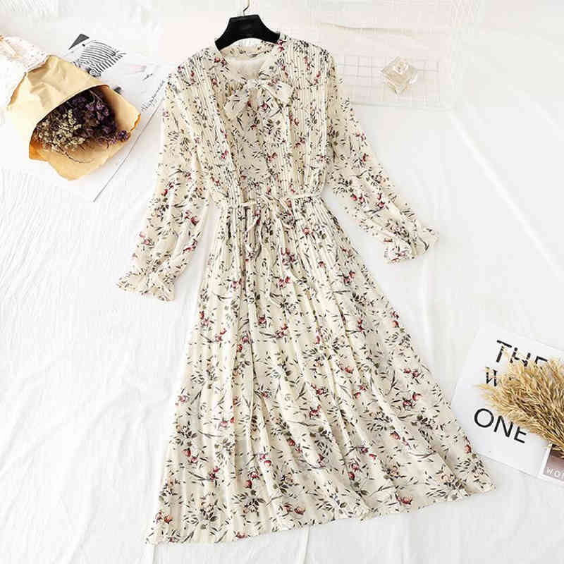 Elegant Women Floral Print Midi Dress Female Casual Long Sleeve Pleated Chiffon Dresses Vintage Bow Ruffle A-line Dress Vestido 210521