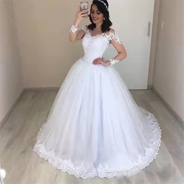 2022 Simple Long Sleeve Ball Gown Wedding Dresses Appliques Lace Illusion Neckline Princess Bridal Wedding Gowns Floor Length Vestidos De Novia