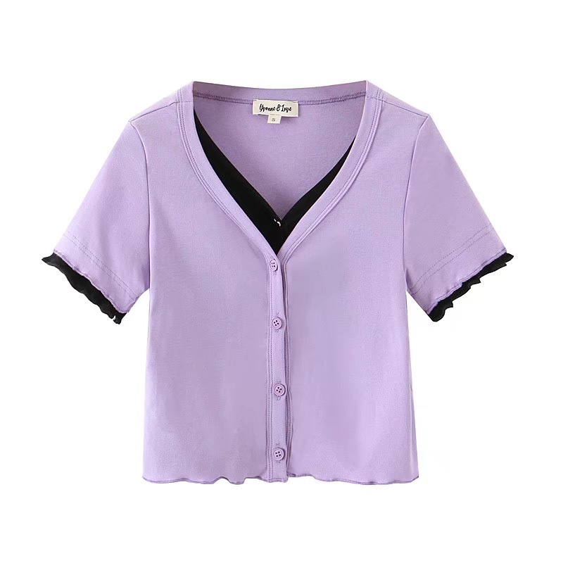 Summer Rib Knitted False 2pcs Short Sleeve Cropped T-shirts Women Vintage V neck Exposed navel Knitwear T shirt Tops 210429