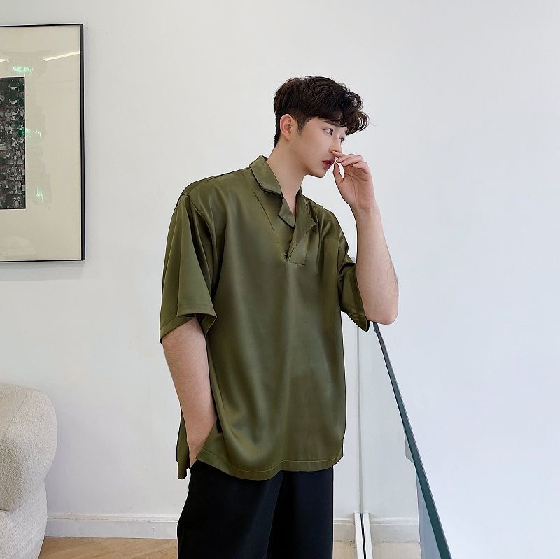 IEFB /men's wear Personalized fashion satin loose comfortable pullover shirt short sleeve korean tops male summer Y2573 210524