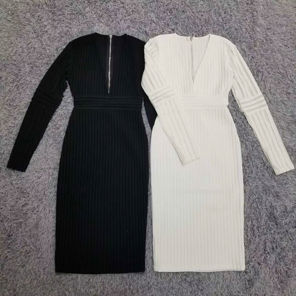 Free Women Striped Bandage Dress Sexy V-neck Long Sleeve Bodycon Knee-length Club Celebrity Party 210524