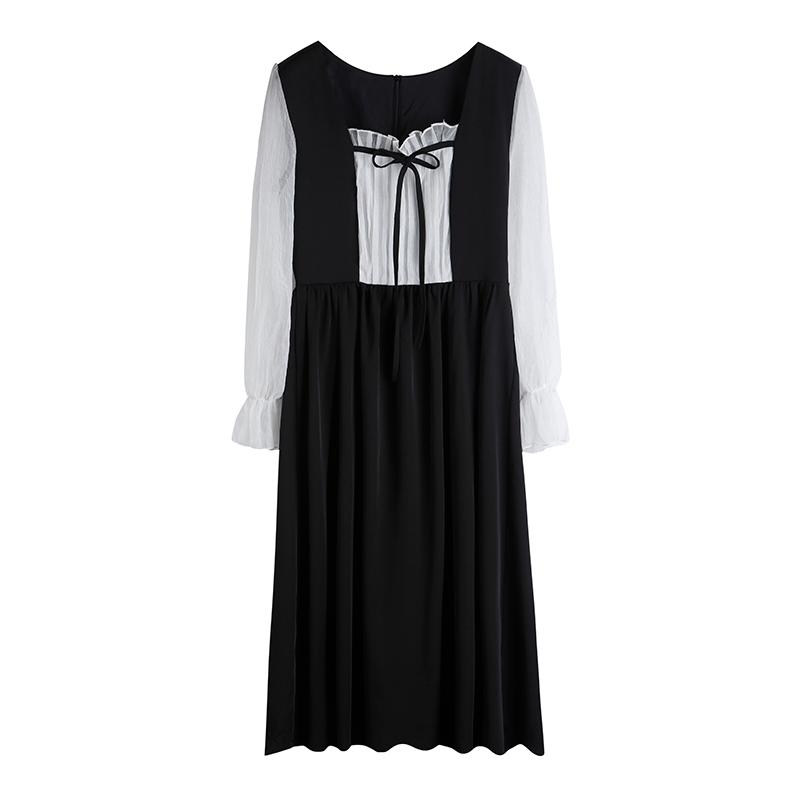 Fashion Women's Clothing Autumn Square Collar Vintage Patchwork Full Mid-Calf Dresses Casual