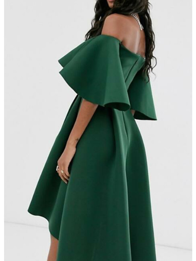 Simple Satin Green Evening Dresses A Line Off Shoulder Short Sleeve Party Gowns Red Carpet Fashion Prom Formal Daily Outfits