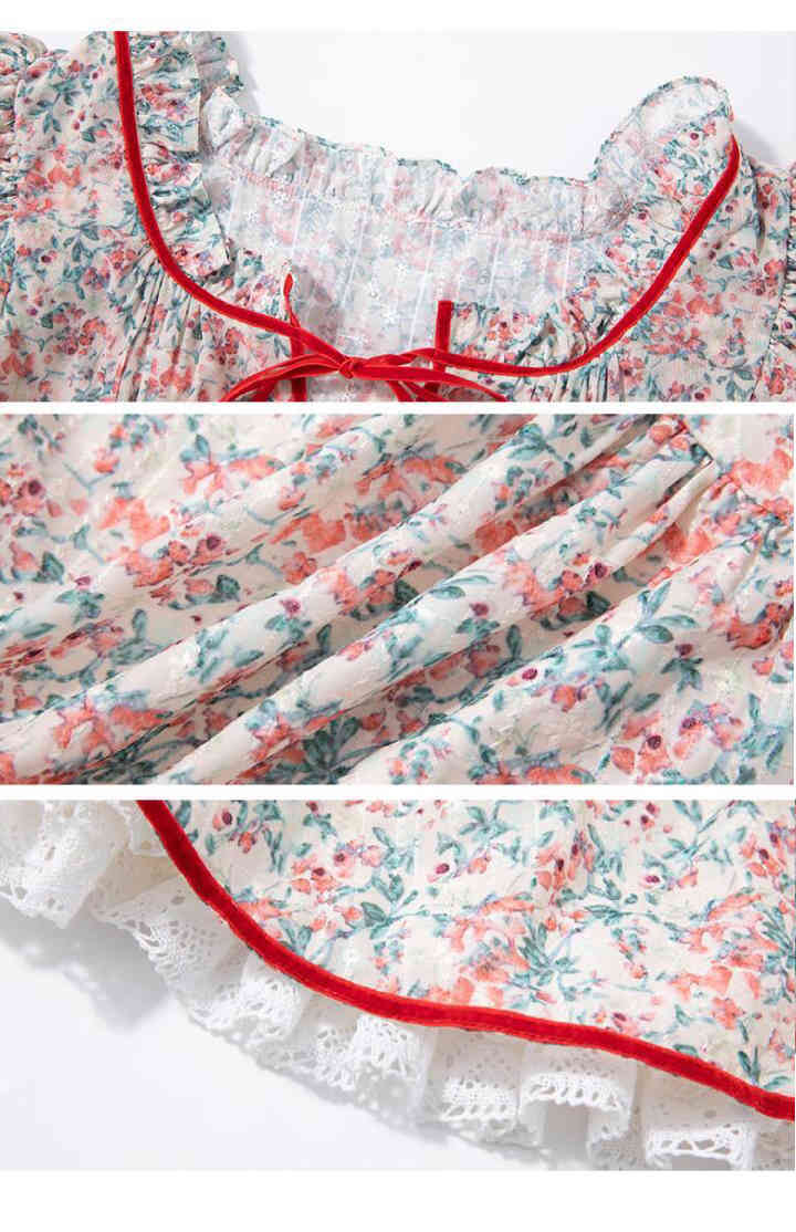 Lolita floral printed Victorian vintage lace up slim sweet cute mini dresses for women young girl 2 pieces vestidos 210421