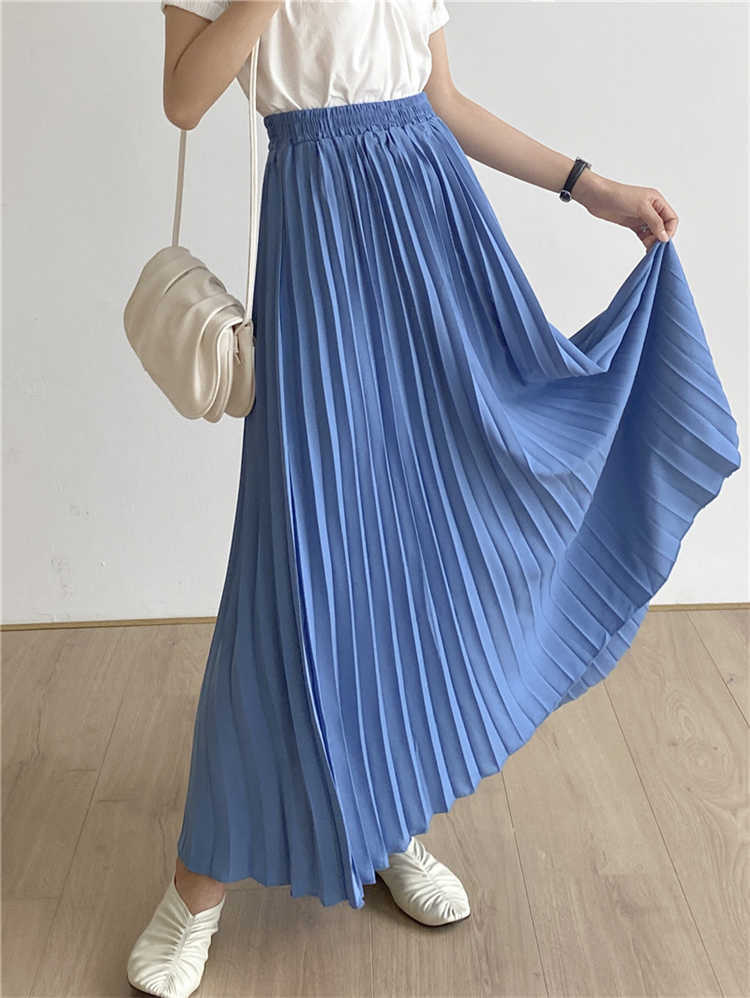 Colorfaith Women Casual Chiffon Maxi Skirt Spring Summer Pleated Multi Colors Fashion Flared High Waist Long Skirts SK1075 210621