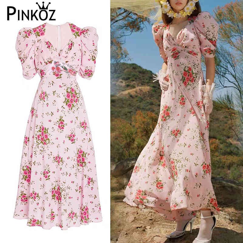 celebrity Kendall pink floral printed v-neck midi dress ruched puff sleeve sweet cute young lady party chic dresses 2xl 210421