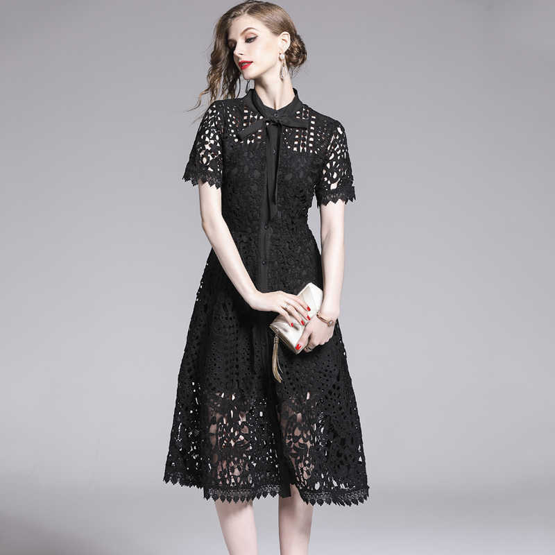 LY VAREY LIN Elegant Party Dress Lace Hollow Out Stand Collar Short Sleeve Single Breasted Black High Waist Mid-calf 210526