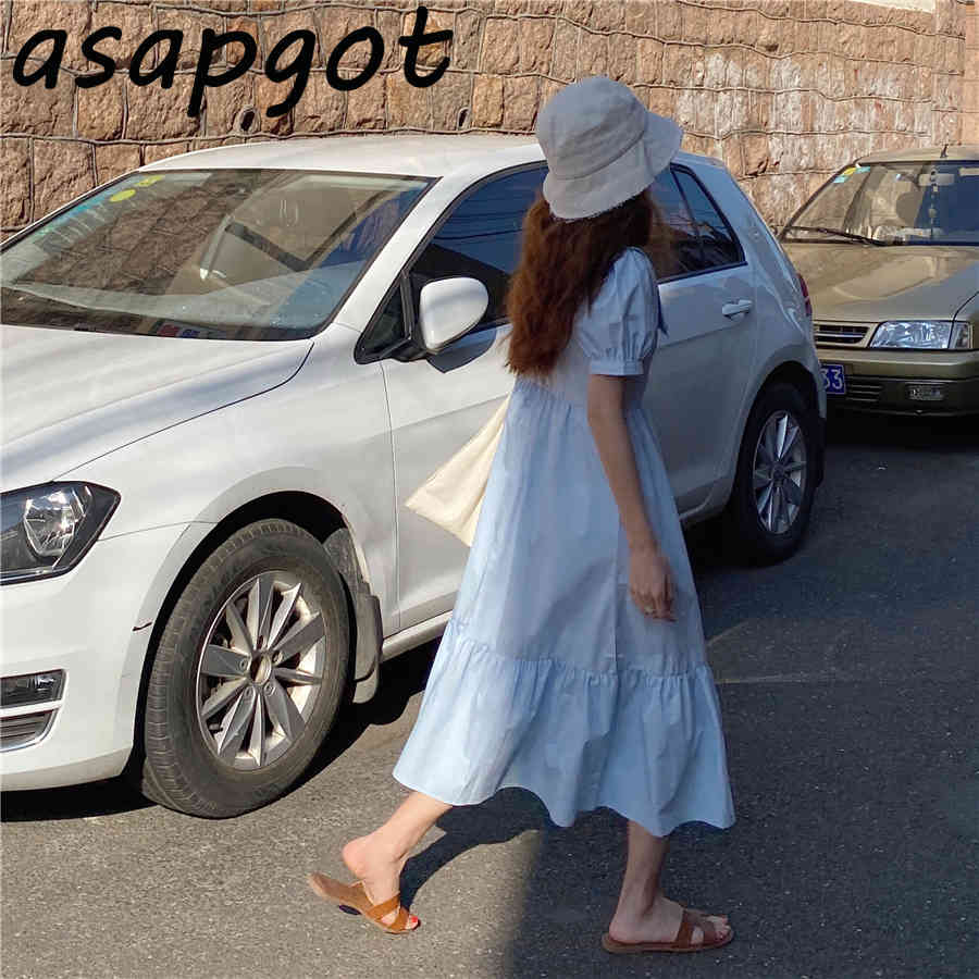 Summer Big Swing White Contrast Color Puff Short Sleeve Ruffles Sailor Collar Dress Women Loose Preppy Style Student Chic Wild 210429