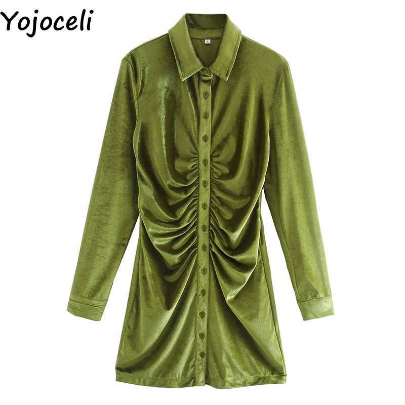 Yojoceli Sexy pleated velvet autumn dres Party club bodycon female Casual daily short shirt vestidos 210609