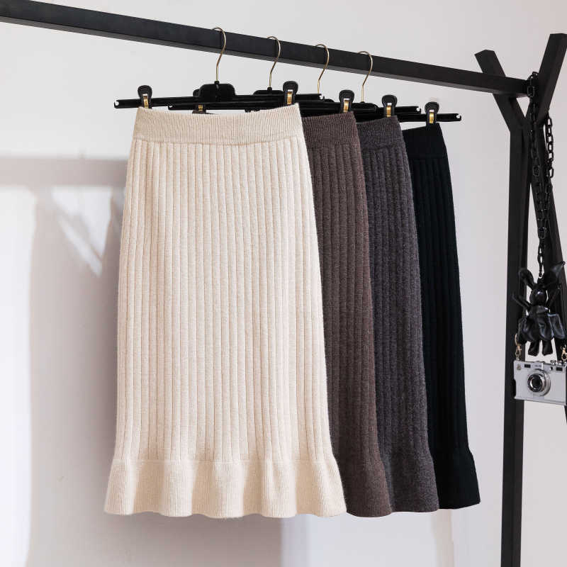 Skirts Winter Knitted Ruffle Ladie Elegant Pencil Midi High Waist Jupe Femme Falda Mujer Gonna Rokken 210601, Gray