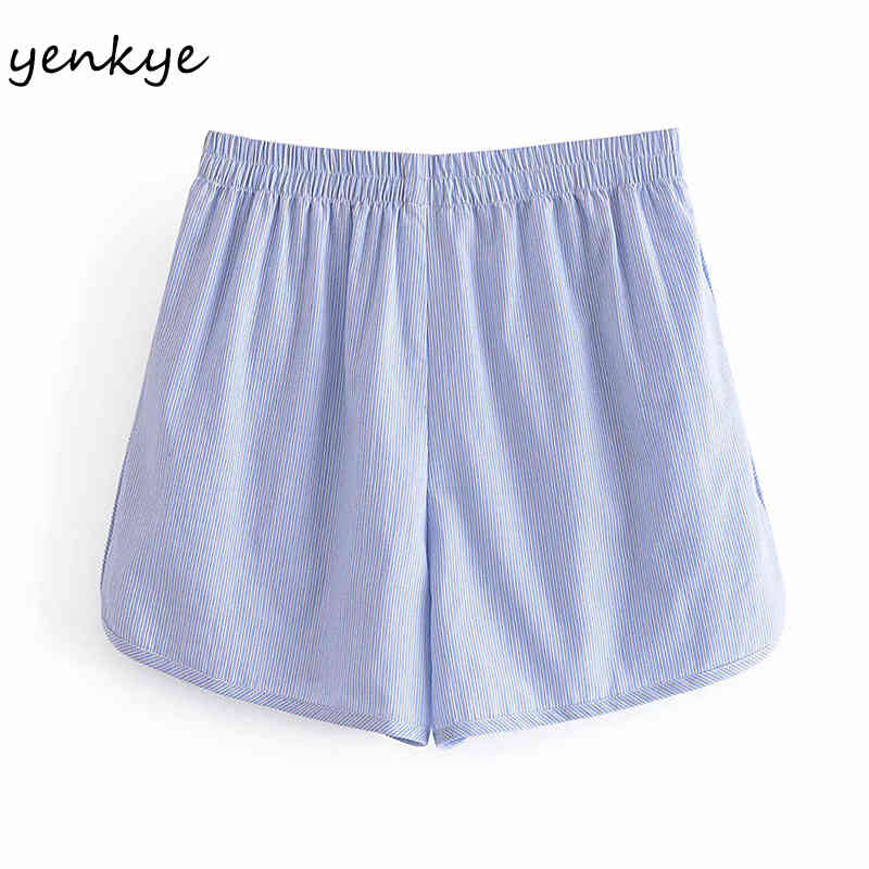 Light Blue Striped Shorts Women Elastic High Waist Casual Short Femme Summer pantalones cortos de mujer 210430