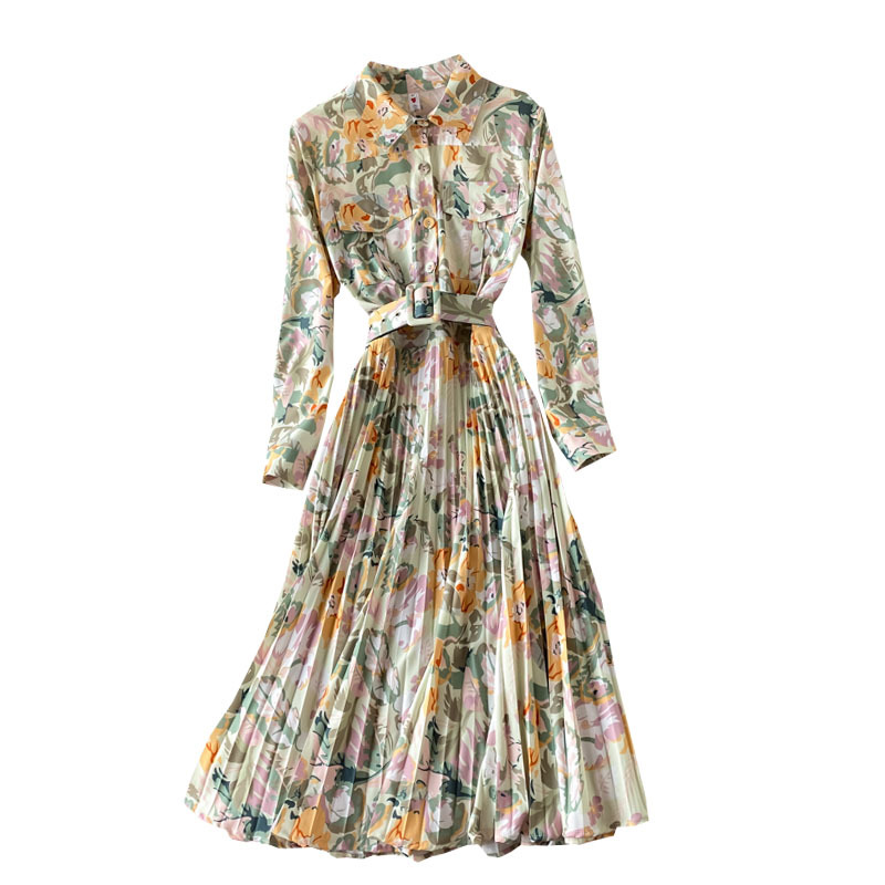 LoveFlowerLife Spring Autumn Casual Floral Print Dress A Line Turn Down Collar Full High Waist Mid Calf Women Dresses 210521