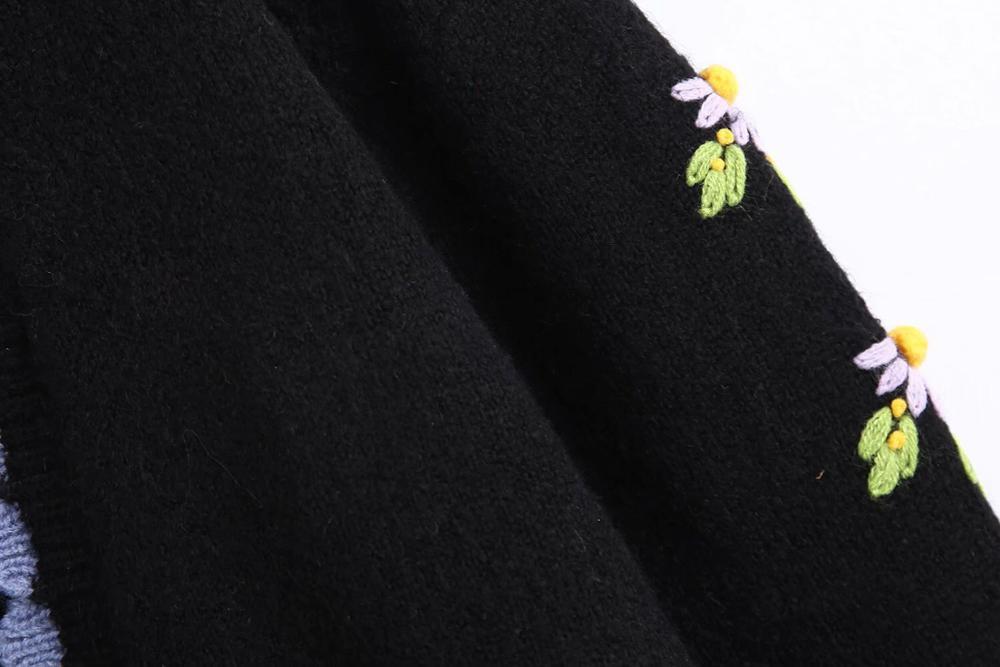 French Style Wave edged Knitting Cardigan Women Single-breasted Button Long Sleeve Embroidery Flower Sweater Jumper Knitwear 210429