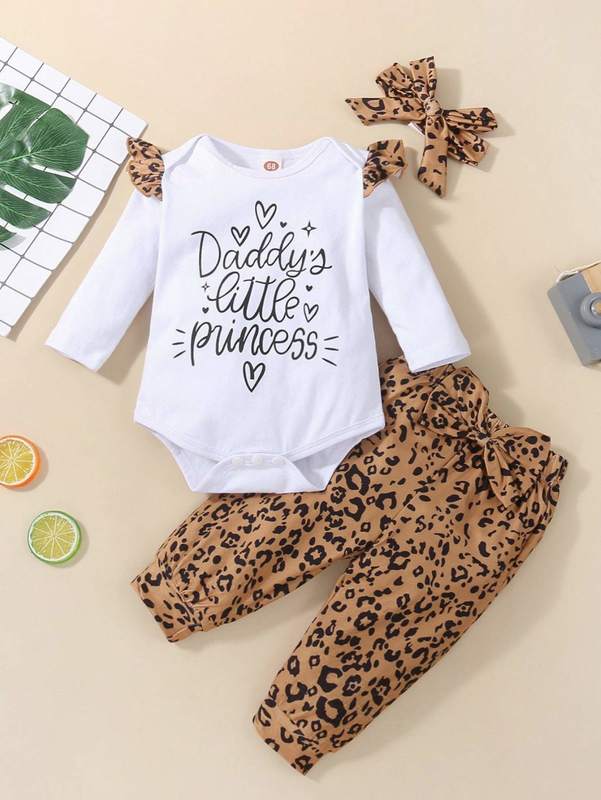Baby Slogan Graphic Ruffle Trim Bodysuit & Bow Front Sweatpants & Headband SHE