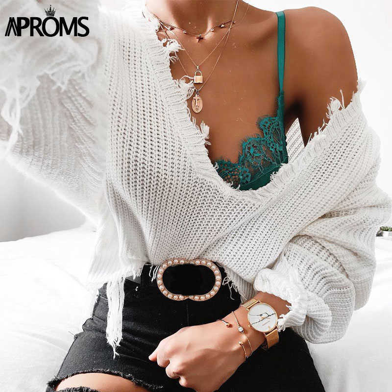 Aproms Tassel Deep V Knitted Pullover Female Autumn Winter White Long Sleeve Knit Crochet Sweaters Women Cropped Jumper Pull Top 210914