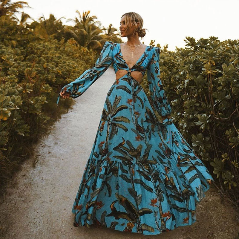 Elegant Floral Print Bikini Cover-ups Sexy Cross Open Back Long Sleeve Summer Dress Women Beach Wear Swim Suit Cover Up A891 210420