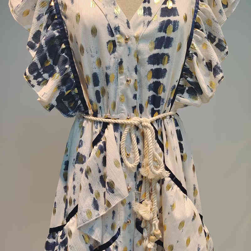 VGH Print Vintage Dress For Women V Neck Sleeveless High Waist Patchwork Ruffle Lace Up Dresses Female Fashion Clothing 210421