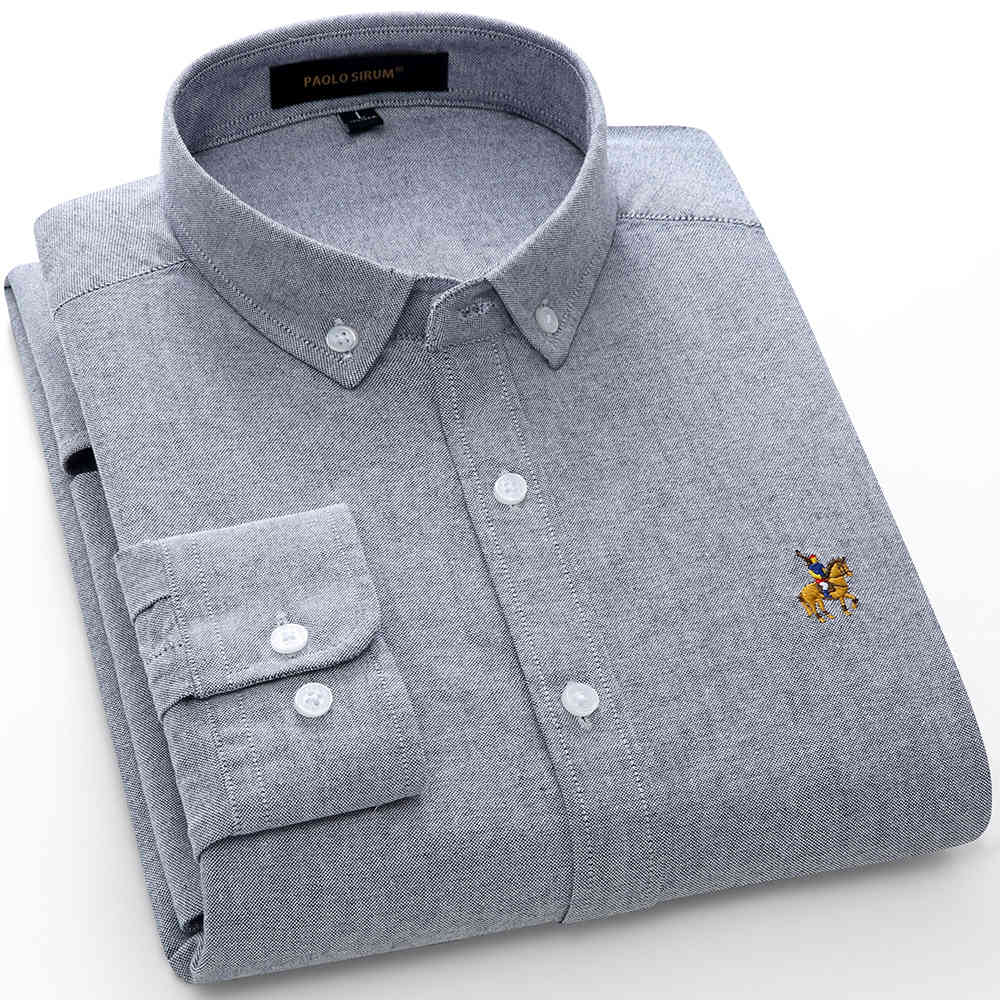 Spring 100% Cotton Oxford Men Shirt White Long Sleeve Embroidery Regular Fit Soft Thick Comfortable Male 210410