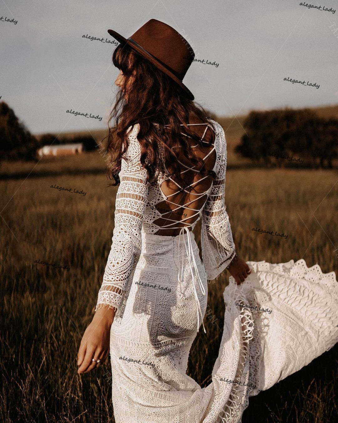 Crochet Lace Bohemian Wedding Dresses Lace Up V-Neck long sleeve Bridal Gowns Striking Dreamy Engagement Gowns Abiti Da Sposa