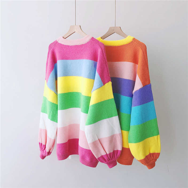 H.SA Women Winter Long Sweaters Casual Striped Rainbow Pull Sweaters Oneck Chic Streetwear Korean Oversized Pullover Roupa 210716