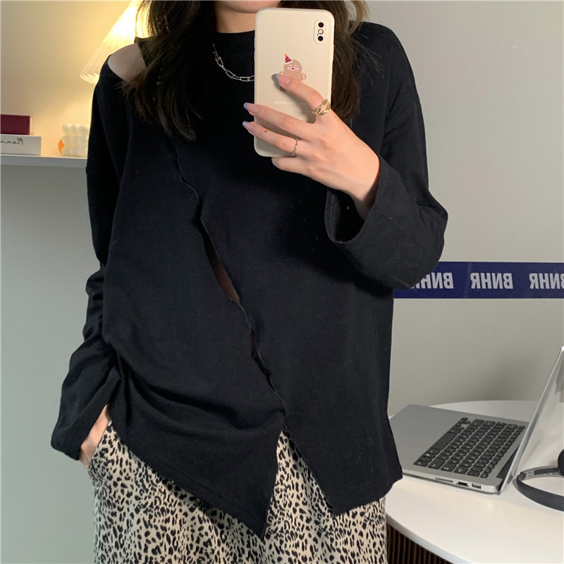 Solid Chic Loose Oversize Casual Full Sleeves Female Hollow Out Korea Brief Fashion Women Basic Tops T-shirts 210421