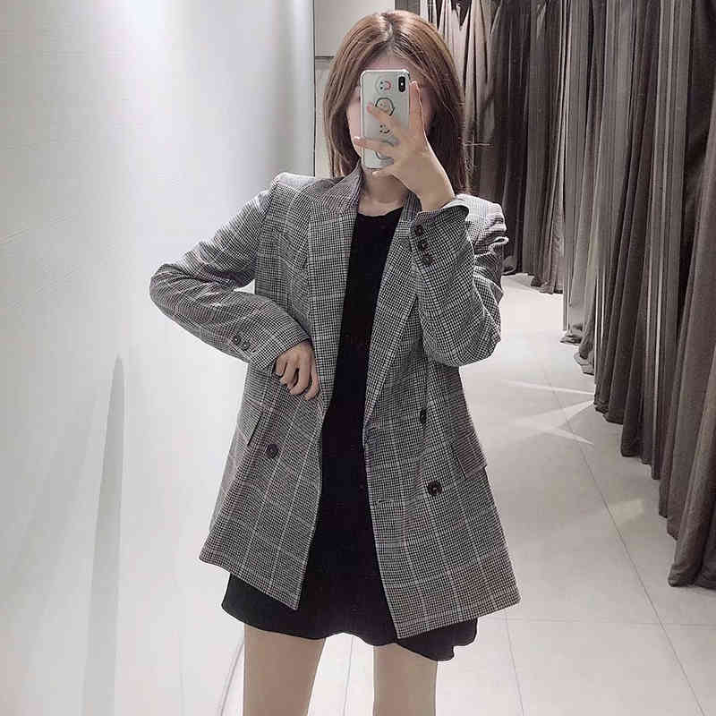 Vintage Lady Plaid Blazers Suit Pockets Long Sleeve Office Coat Women Double Breasted Houndstooth Jacket Outwear Veste Femme 210515